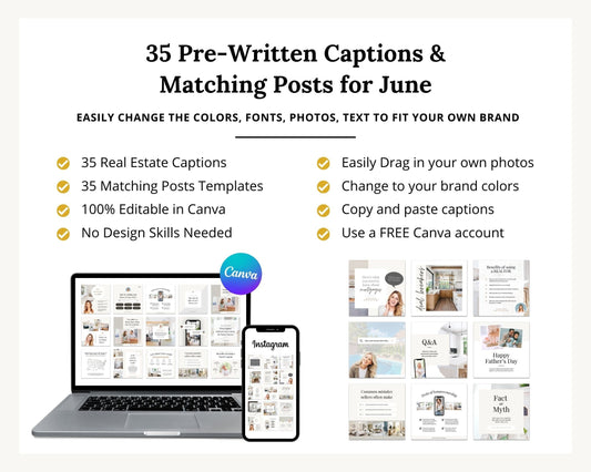 June 35 Real Estate Captions & 35 Real Estate Canva Posts | Real Estate Agent Social Media Posts | Real Estate Marketing | Canva Template