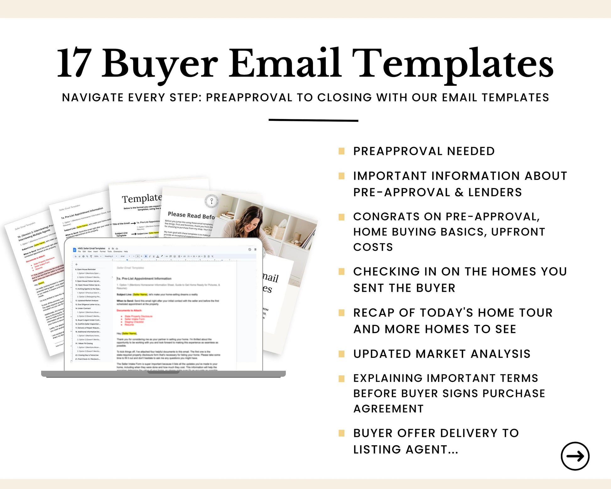 17 Buyer Email Templates | Real Estate Agents | Buyer Agent System | Email Templates | Pre approval to Closing | Real Estate Email System