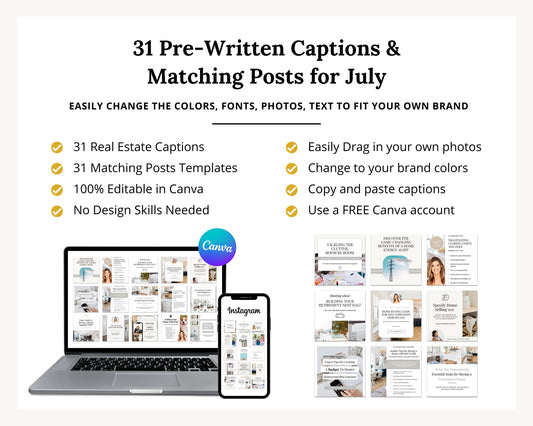 July 31 Real Estate Captions & 31 Real Estate Canva Posts | Real Estate Agent Social Media Posts | Real Estate Marketing | Canva Template