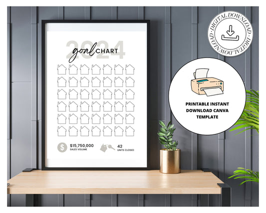 Real Estate Goal Chart | Printable Real Estate Goal Tracker | 2024 New Year Real Estate | Real Estate Planner | Real Estate Canva Template