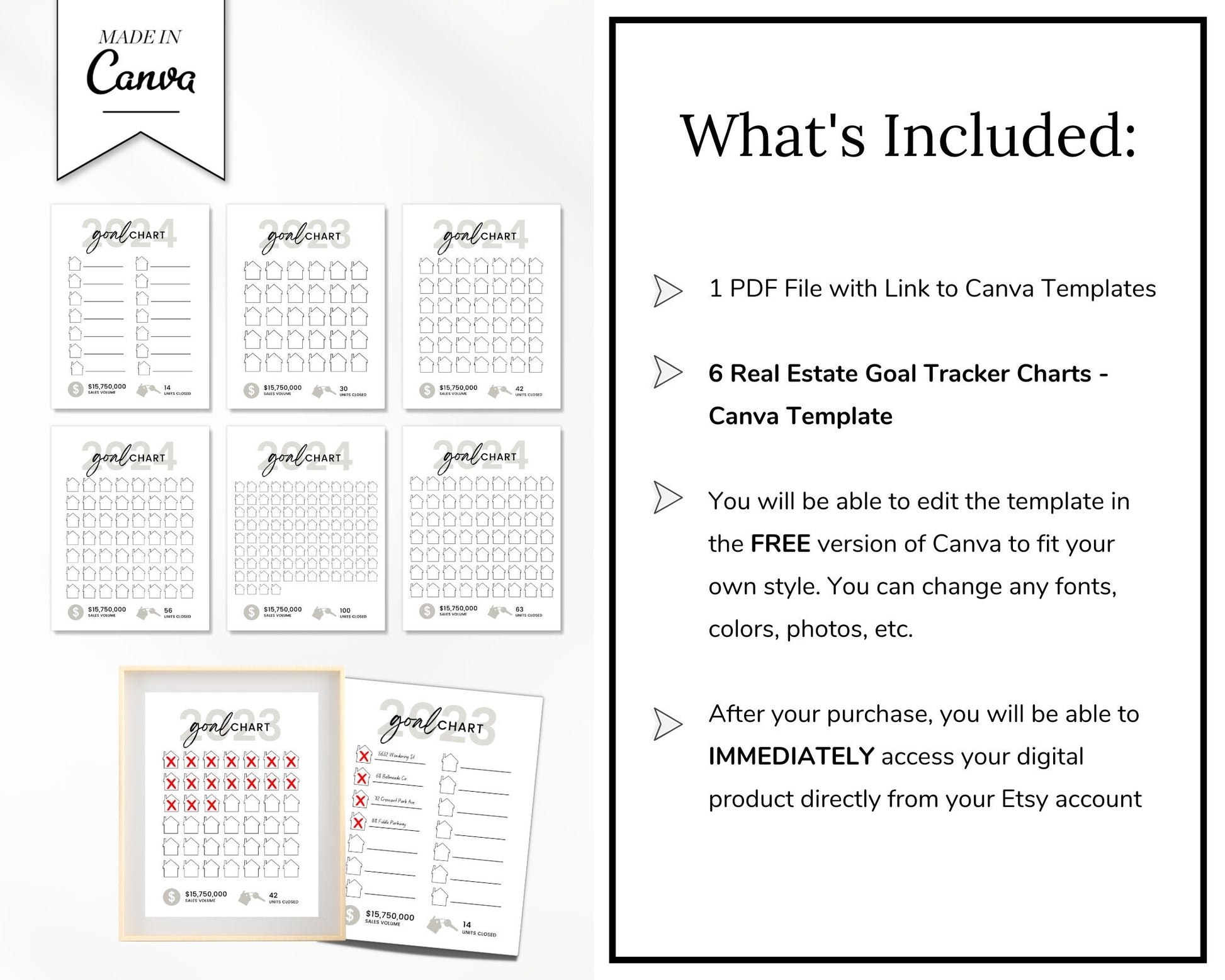 Real Estate Goal Chart | Printable Real Estate Goal Tracker | 2024 New Year Real Estate | Real Estate Planner | Real Estate Canva Template