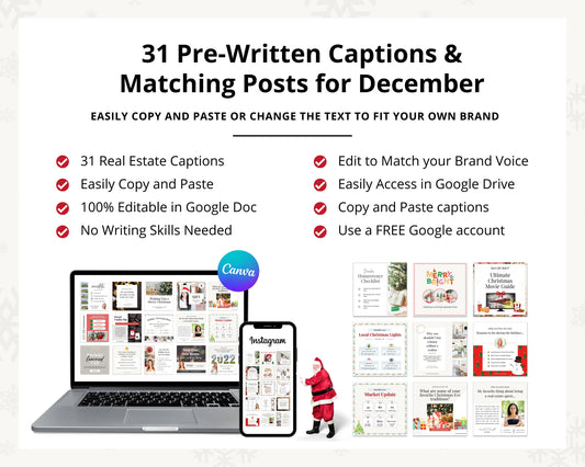 December Real Estate Captions & 31 Matching Real Estate Canva Posts | Real Estate Instagram Posts | Real Estate Marketing | Canva Template