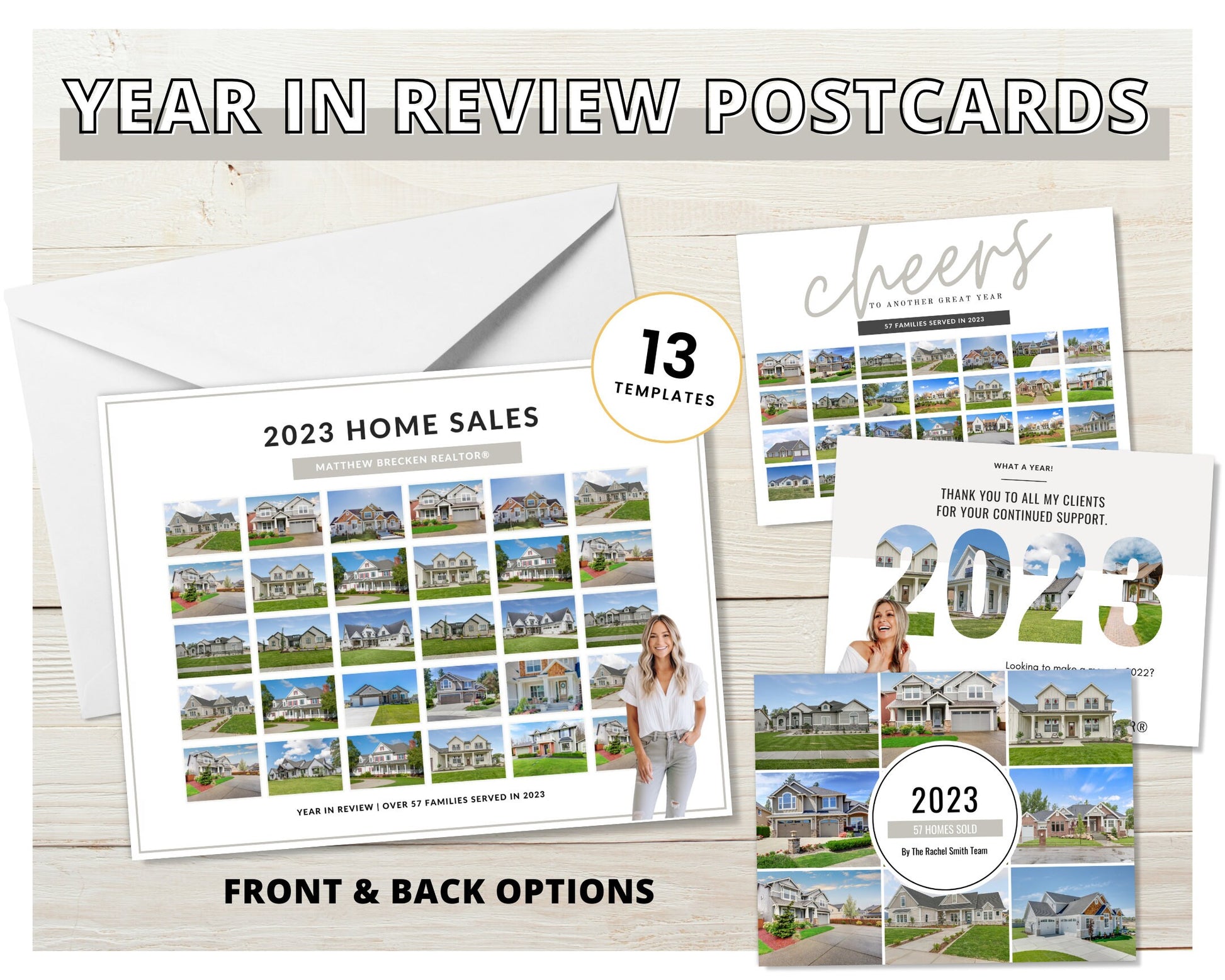 Real Estate New Year Postcards | Year In Review Sold Homes Postcard Mailers | Real Estate Marketing Canva | Real Estate Farming 2023 2024